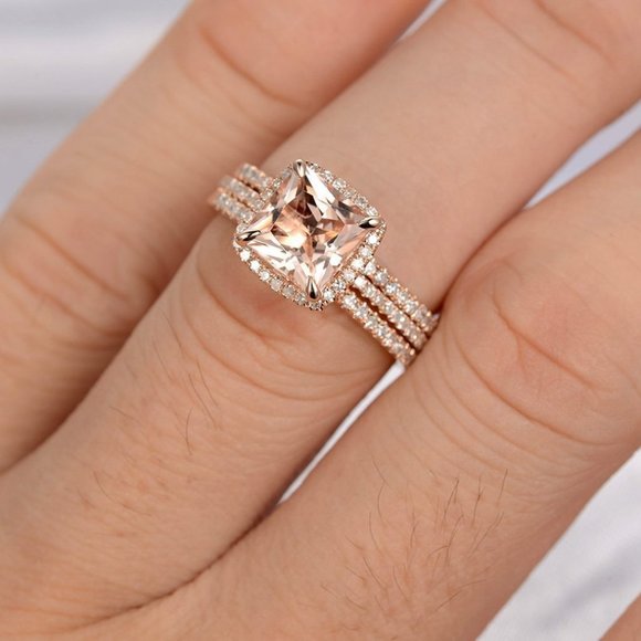 NEW 18K Rose Gold Cushion Morganite 3PC Ring Set Q - Picture 2 of 4